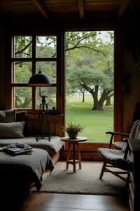 Cozy Scandinavian cabin interior with warm decor, soft textures, and inviting ambiance.