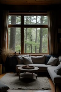 Cozy Scandinavian living room with neutral color palette and large windows