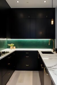Dark and moody Scandinavian kitchen with matte black cabinets, marble countertops, brass hardware, and deep green backsplash.