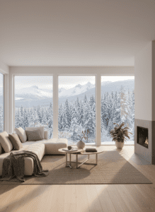 Bright Scandinavian minimalist living room with fireplace, neutral tones, and snowy landscape view