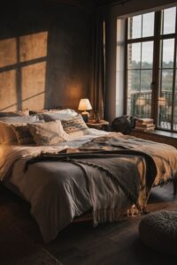 A cozy Scandinavian bedroom at golden hour with soft sunlight streaming through the window. Features a minimalist bed with linen bedding, textured neutral pillows, a warm wooden bedside table with a small lamp, and a serene, earthy atmosphere.