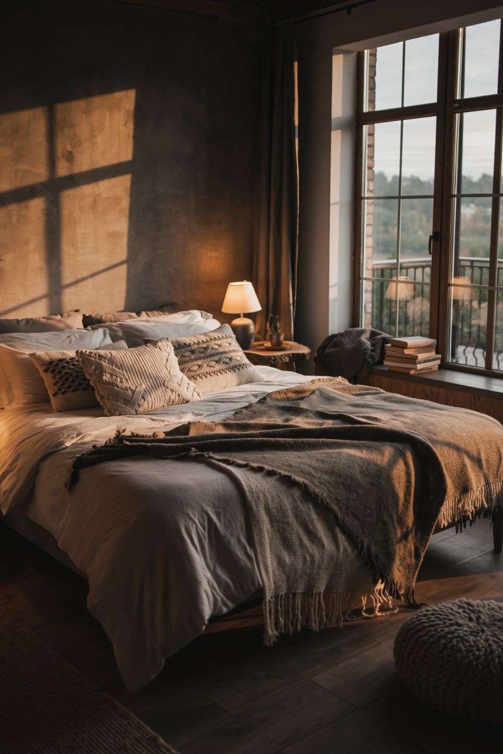 A cozy Scandinavian bedroom at golden hour with soft sunlight streaming through the window. Features a minimalist bed with linen bedding, textured neutral pillows, a warm wooden bedside table with a small lamp, and a serene, earthy atmosphere.
