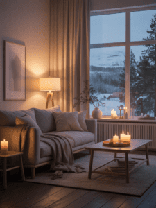 Cozy Scandinavian minimalist living room with plush sofas, natural wood accents, and large windows