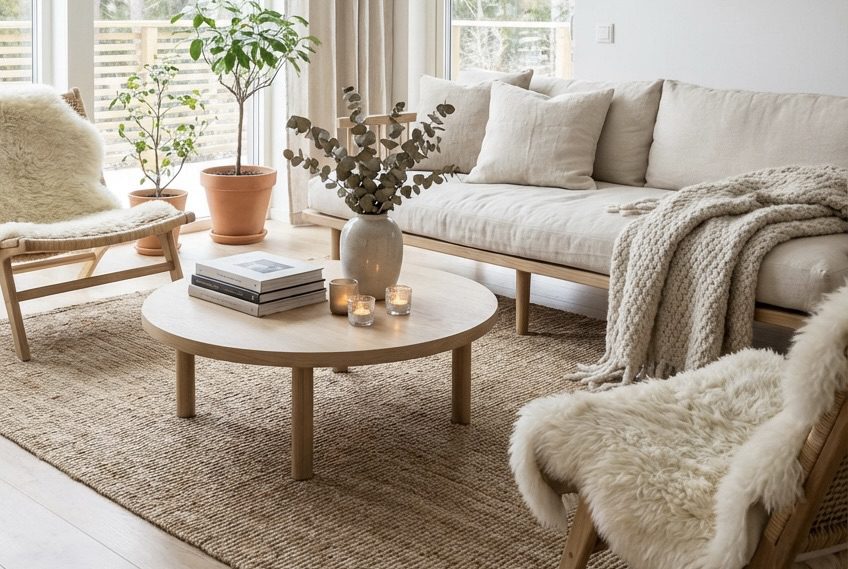 Minimalist Scandinavian living room with a beige linen sofa, round wooden coffee table, jute rug, and sheepskin armchairs bathed in natural light.