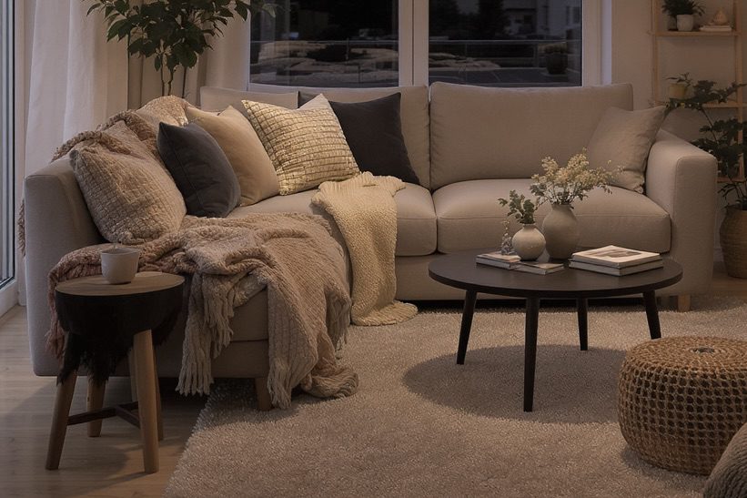 A cozy Scandinavian living room at twilight featuring a warm beige sectional sofa with layered throws and pillows, a rattan pendant lamp with a warm glow, and a peaceful sunset view through the window.