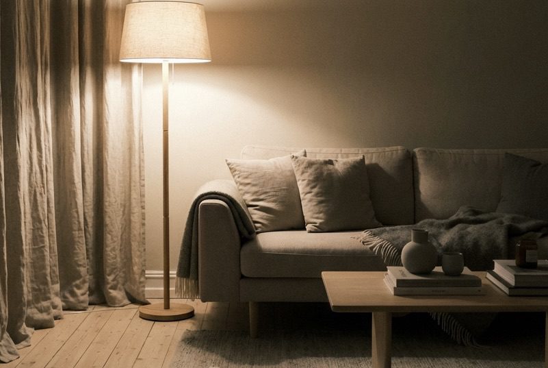 Cozy scandinavian living room with soft lighting