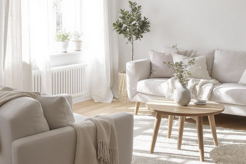 Bright, cozy scandinavian living room with plants