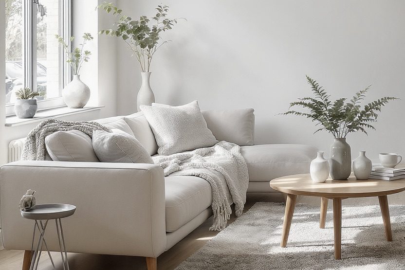 Cozy, minimalist scandinavian living room decor with natural light