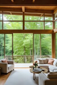 Modern rustic Scandinavian living room with large windows overlooking the forest.