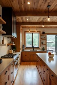 Modern rustic kitchen with wooden cabinets, stone countertops, matte black fixtures, open shelving, warm pendant lighting, farmhouse-inspired design.