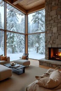 Modern rustic Scandinavian living room with fireplace and snowy view.