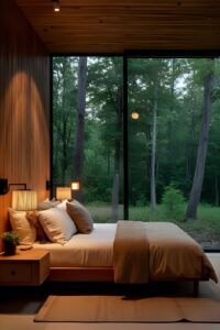 Nature-inspired Scandinavian bedroom with wooden bed, linen bedding, and forest view