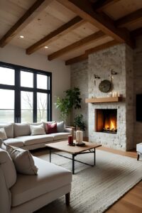 Scandinavian light-toned living room with cozy sofa and fireplace