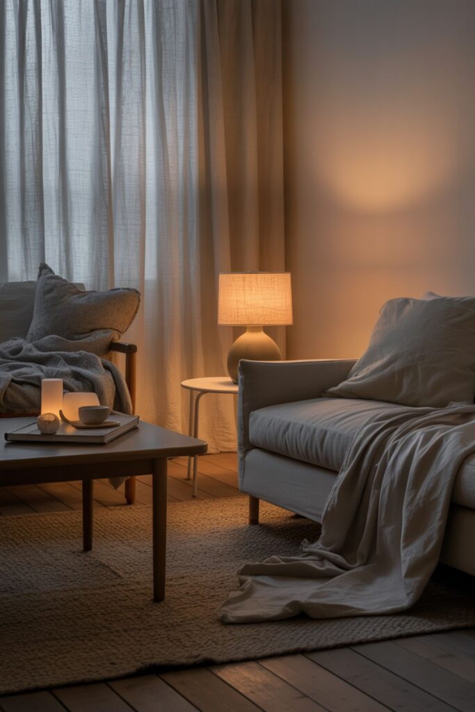 round-ceramic-table-lamp-scandinavian-living-room-hygge.jpg A round ceramic table lamp with a warm linen shade on a white side table between a beige sofa and linen curtains in a cozy Scandinavian living room.