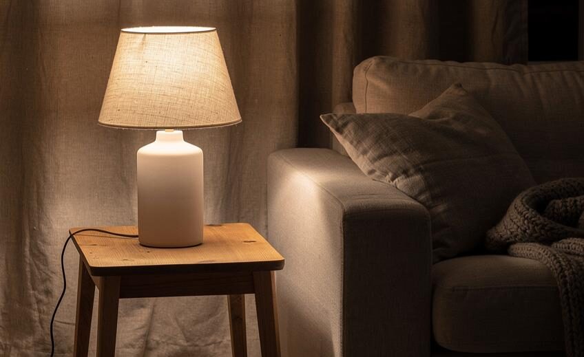 A white ceramic table lamp with a linen shade glowing warmly on a rustic wooden side table next to a beige sofa in a cozy Scandinavian living room.
