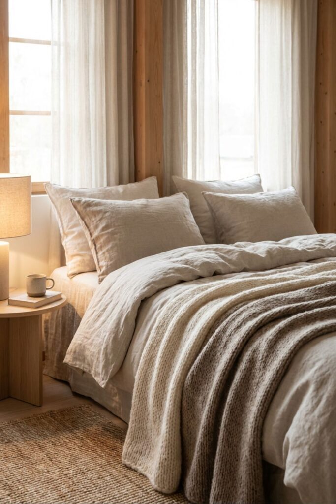 Close-up of cozy Scandinavian linen bedding in neutral beige tones with a soft knit throw blanket and sunlight filtering through linen curtains.