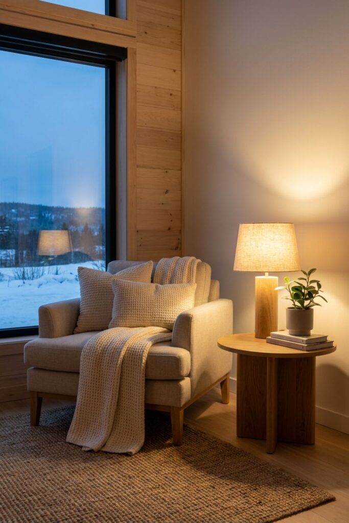scandinavian-wooden-table-lamp-cozy-ambient-lighting-ideas A minimalist wooden table lamp with a linen shade glowing warmly on a round oak side table next to a cozy beige armchair. The soft light illuminates a knit throw blanket while a snowy forest landscape is visible through the window.