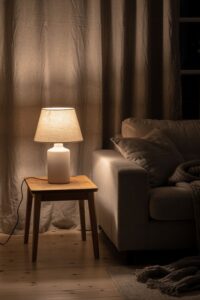 A white ceramic table lamp with a linen shade glowing warmly on a rustic wooden side table next to a beige sofa in a cozy Scandinavian living room.