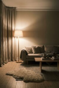 Cozy Scandinavian living room with warm floor lamp lighting, a beige sofa, and a sheepskin rug.