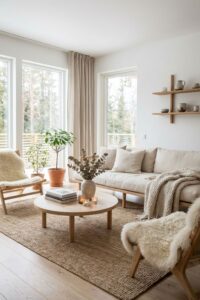 Minimalist Scandinavian living room with a beige linen sofa, round wooden coffee table, jute rug, and sheepskin armchairs bathed in natural light.