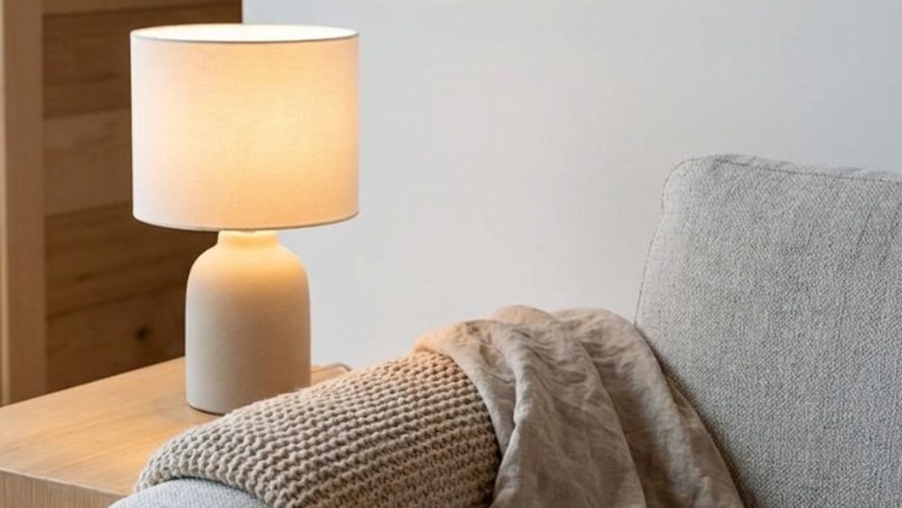 Close-up of a small minimalist white ceramic table lamp on a wooden side table next to a grey fabric sofa with a beige knit blanket and linen throw.