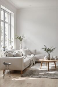 A modern minimalist Scandinavian living room featuring a cream sectional sofa, a round wooden coffee table styled with grey and white vases, and soft natural light.