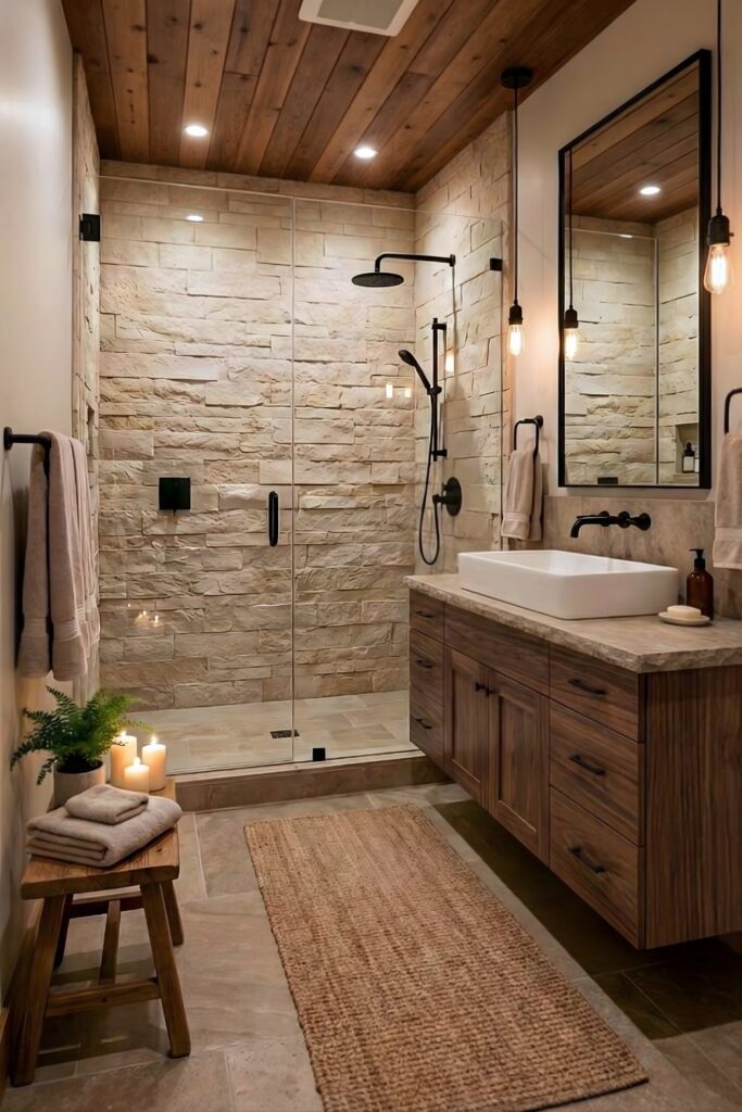 Modern organic bathroom featuring a floating wooden vanity, matte black wall-mounted faucet, stone wall, and a wooden bench.