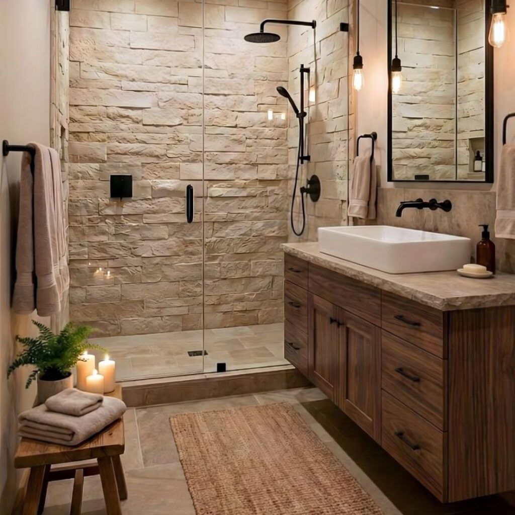 Modern organic bathroom featuring a floating wooden vanity, matte black wall-mounted faucet, stone wall, and a wooden bench.
