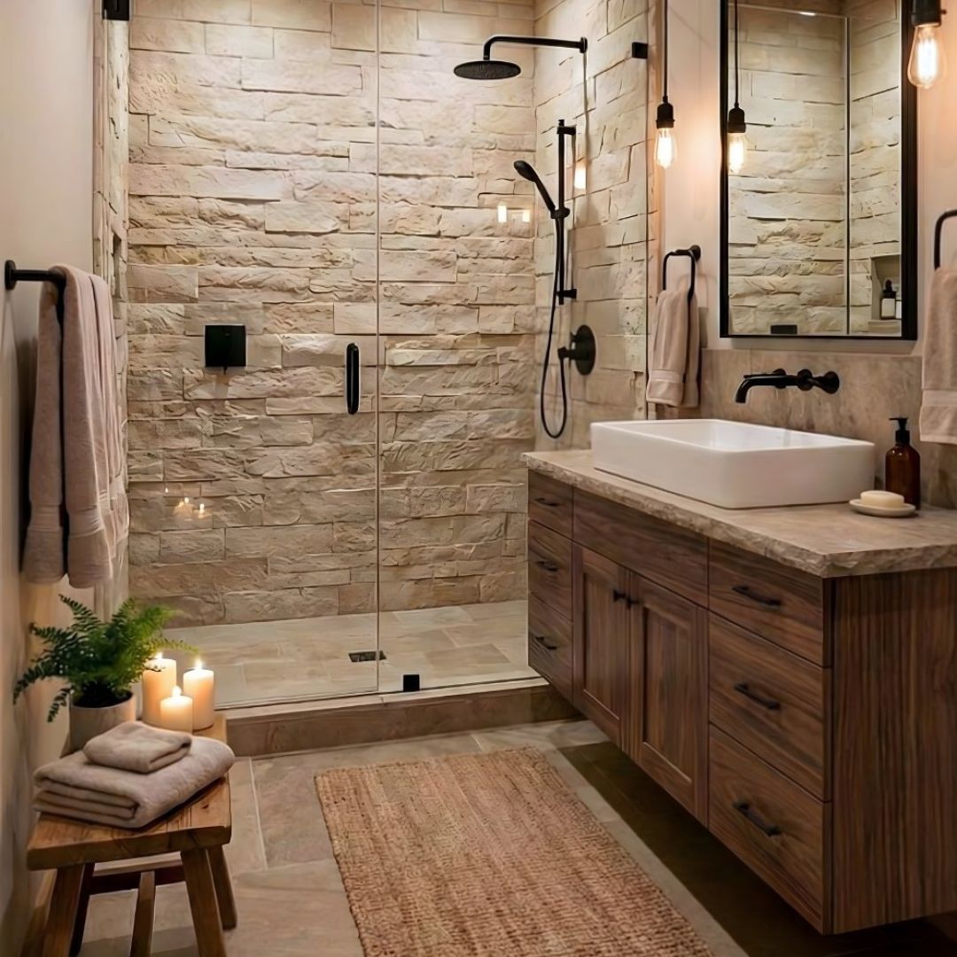 Modern organic bathroom featuring a floating wooden vanity, matte black wall-mounted faucet, stone wall, and a wooden bench.