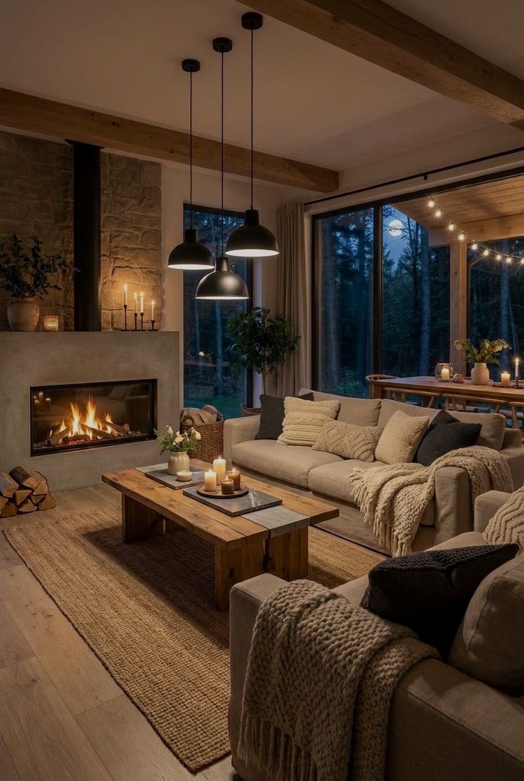A warm and cozy nighttime Scandinavian living room featuring a large lit stone fireplace, exposed wooden ceiling beams, beige sofas with chunky knit blankets, a rustic wooden coffee table with candles, and three black pendant lights. Large windows show a dark forest outside.