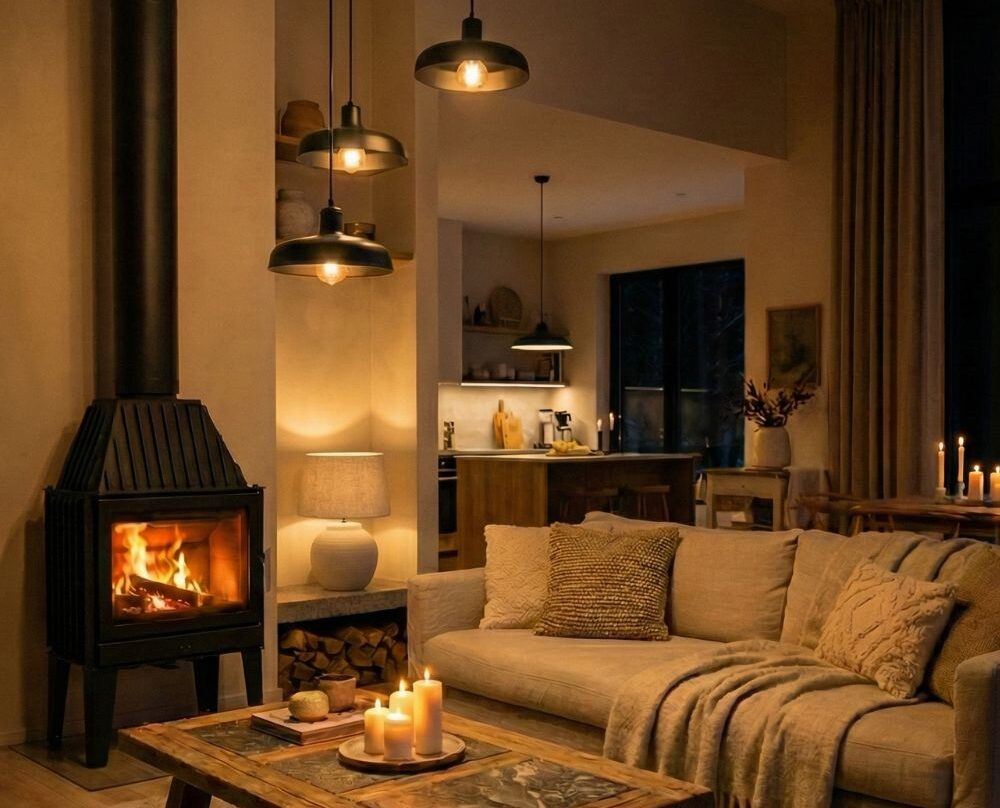 Cozy Scandinavian living room at night featuring a black wood-burning stove with fire, a rustic wooden coffee table with lit candles, layered pendant lighting, and a beige sofa with knit blankets. The atmosphere is warm and inviting.