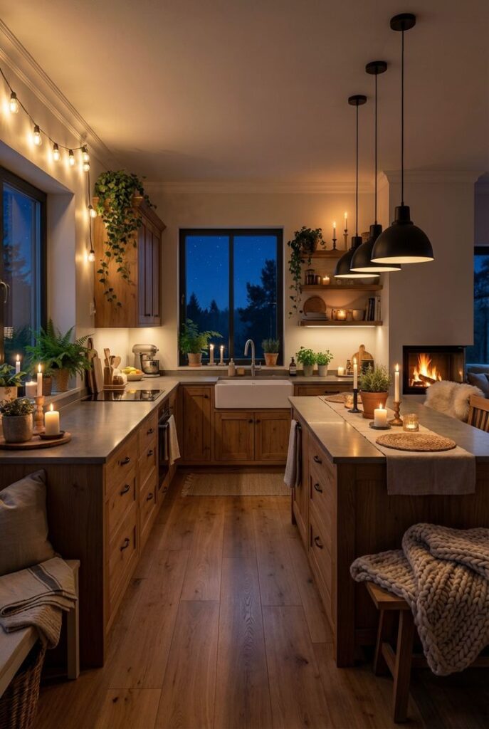 Warm minimalist Scandinavian kitchen at night with glowing candles, amber pendant lights, and rustic wood cabinets.