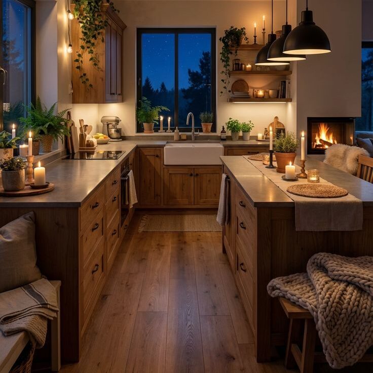 Warm minimalist Scandinavian kitchen at night with glowing candles, amber pendant lights, and rustic wood cabinets.
