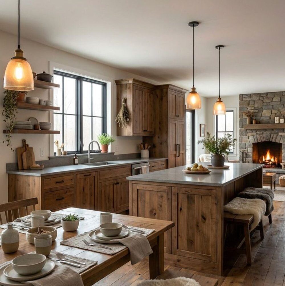 Warm Scandinavian kitchen featuring rustic oak cabinets, amber glass pendants, and sheepskin rugs on wooden benches.