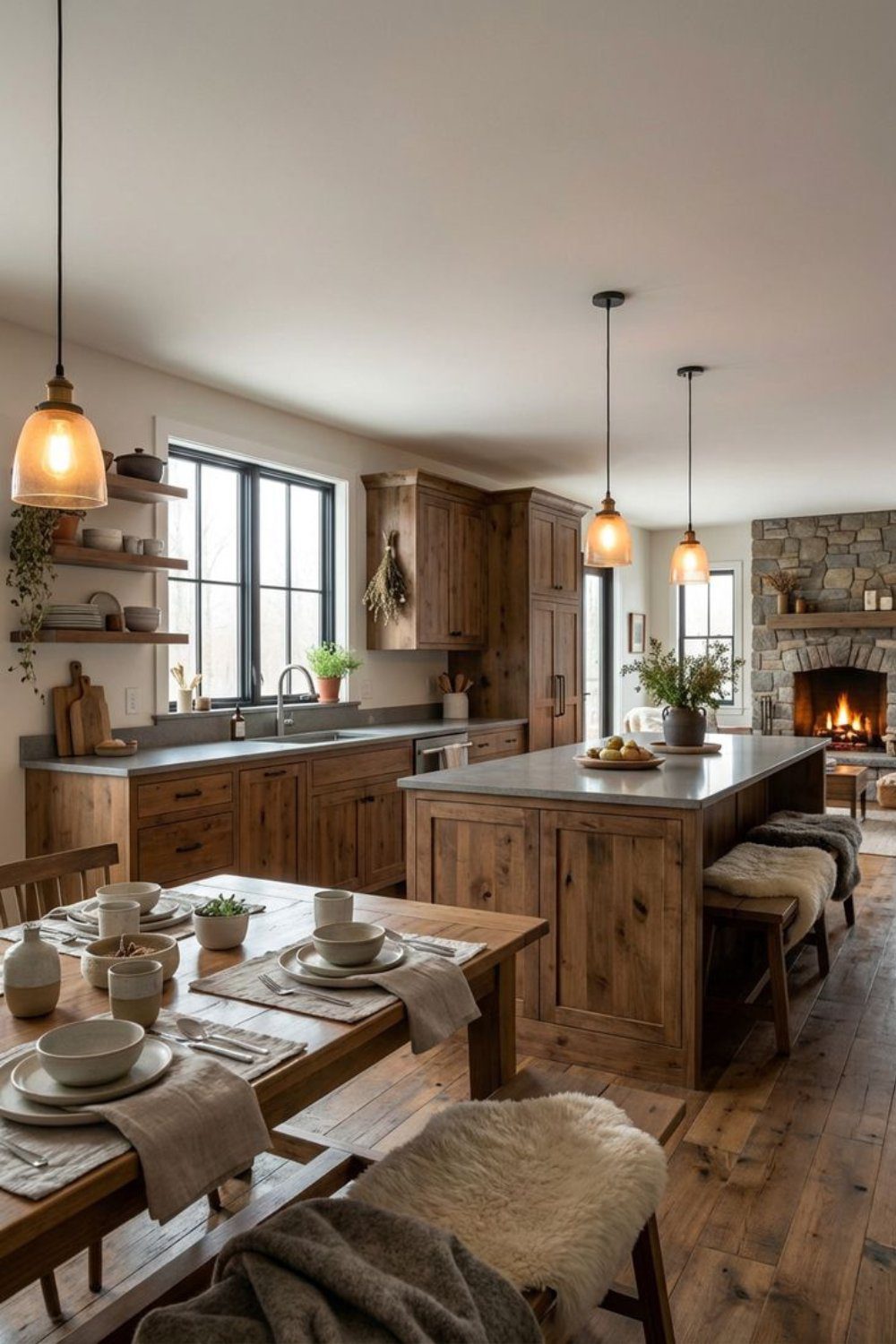 Warm Scandinavian kitchen featuring rustic oak cabinets, amber glass pendants, and sheepskin rugs on wooden benches.