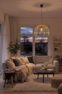 Cozy living room with sunset view.