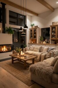 Cozy Scandinavian living room at night with a glowing fireplace, built-in wooden shelving, black pendant lights, and a beige sofa styled with sheepskin.