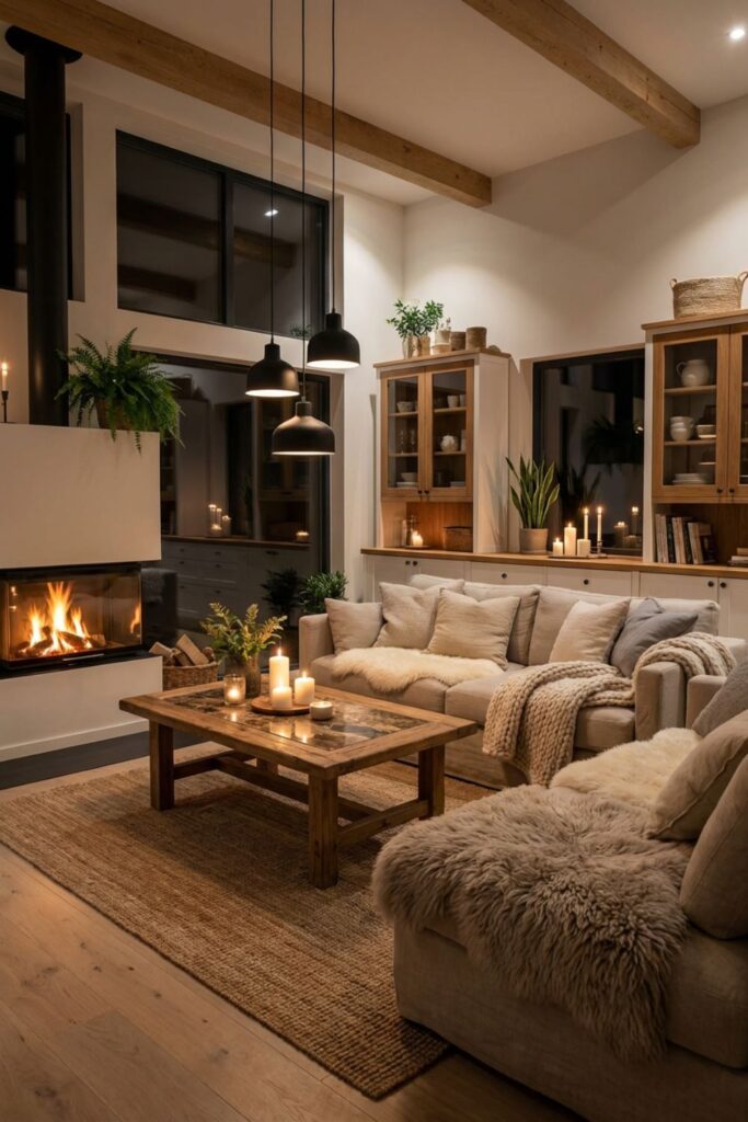Cozy Scandinavian living room at night with a glowing fireplace, built-in wooden shelving, black pendant lights, and a beige sofa styled with sheepskin.