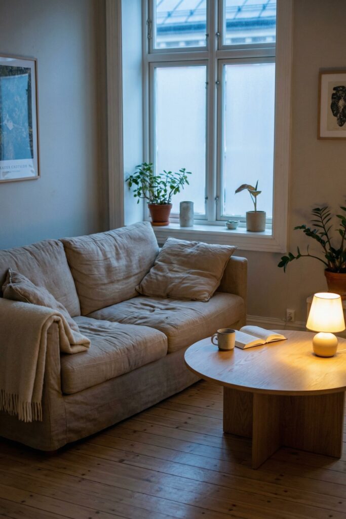 A warm minimalist Scandinavian living room in a small apartment featuring a beige linen sofa, a round wooden coffee table with a glowing lamp, and indoor plants on a windowsill in soft winter evening light. Scandinavian small apartment ideas warm minimalist living room neutral cozy interior.