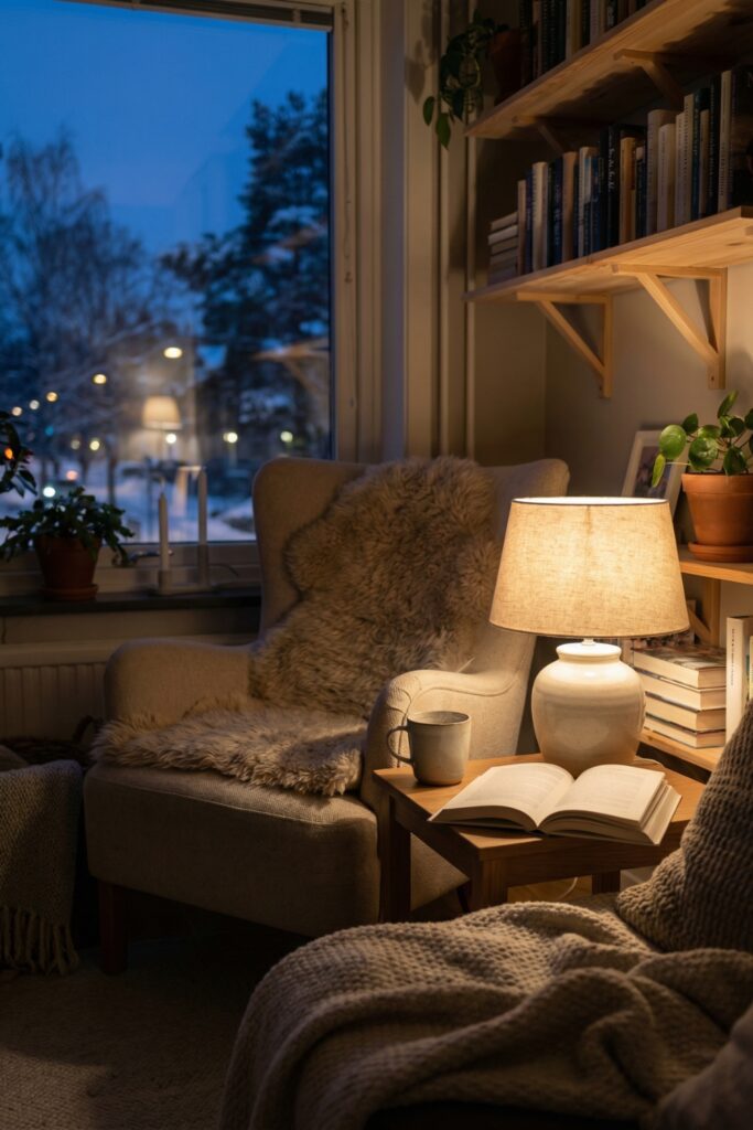 A cozy Scandinavian reading corner during the evening blue hour with a warm table lamp, an armchair with a sheepskin throw, and wooden bookshelves filled with books.