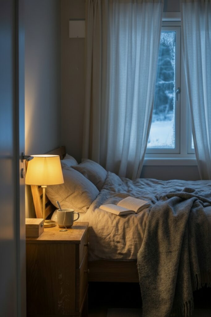 A serene Scandinavian small bedroom at twilight with warm bedside lighting, neutral linen bedding, a grey knit throw, an open book on the bed, and a mug of tea with a spoon on a wooden nightstand.