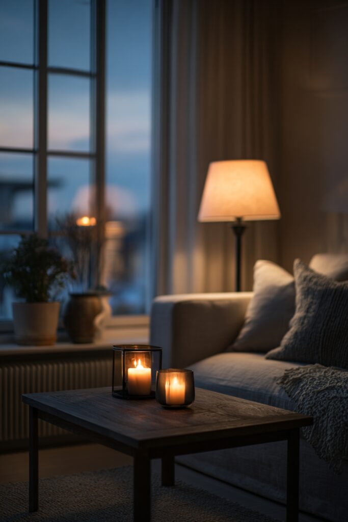 Cozy Scandinavian living room evening with layered lighting from floor lamp and candles, linen sofa, natural wood table and warm Nordic atmosphere, showing the rules of Scandinavian living rooms.