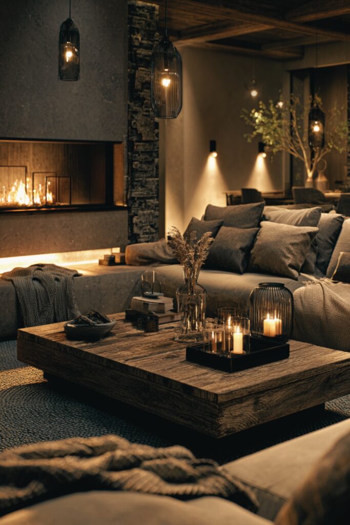 Scandinavian living room at night with layered lighting from pendant lights, fireplace glow and candles, natural materials and warm Nordic atmosphere, showing the rules of Scandinavian living rooms.
