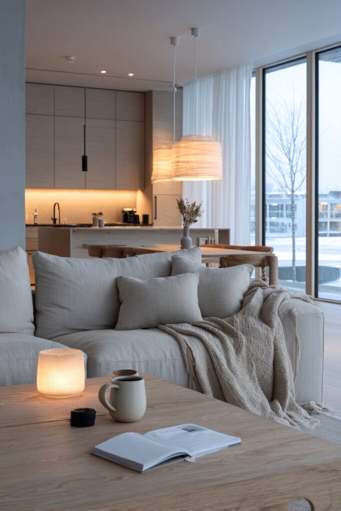 Bright Scandinavian living room and kitchen open space with layered warm lighting, light oak wood, linen sofa, soft textiles and Nordic winter daylight, showing the rules of Scandinavian living rooms in a real home setting.