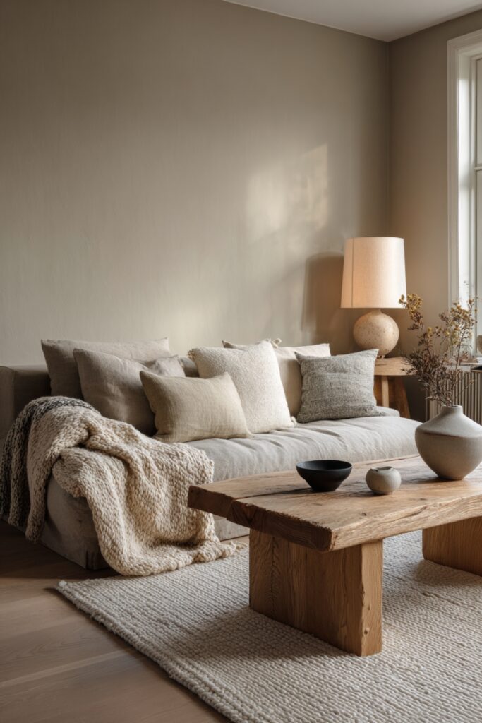 Scandinavian living room with lived-in linen sofa, wool throw blanket, natural wood coffee table and soft layered textiles, showing the rules of Scandinavian living rooms and real Nordic texture styling.