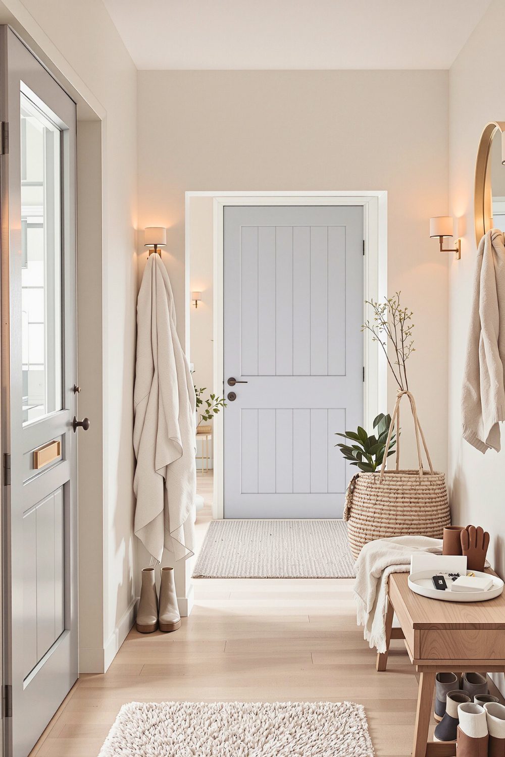 Warm minimalist Scandinavian entryway hallway with light oak bench, woven basket planter, neutral wall lighting, cozy textiles and natural Nordic home styling
