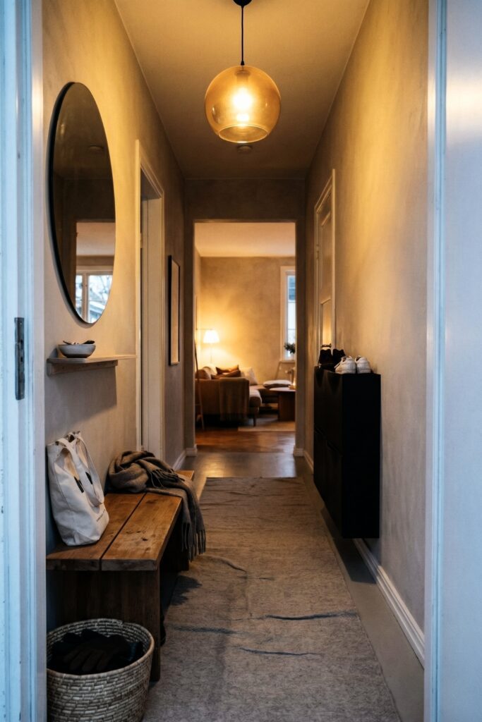 Essential Elements of a Cozy Scandinavian Entryway. Cozy Scandinavian apartment hallway with warm pendant lighting, wooden bench, neutral hallway runner rug, wall mirror and soft Nordic evening home atmosphere