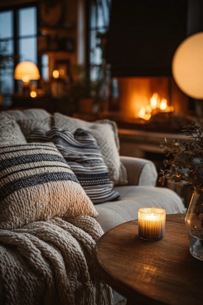 Warm, inviting, candlelit living space.