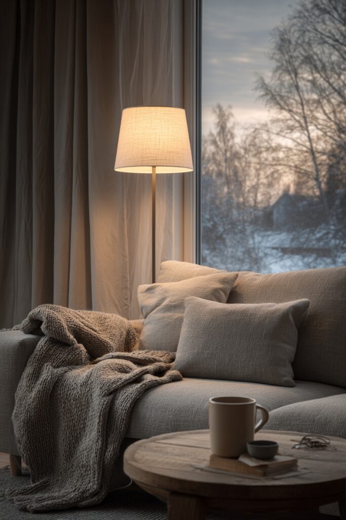 Cozy Scandinavian living room with neutral sofa, wool throw blanket, warm floor lamp lighting and winter evening view through window