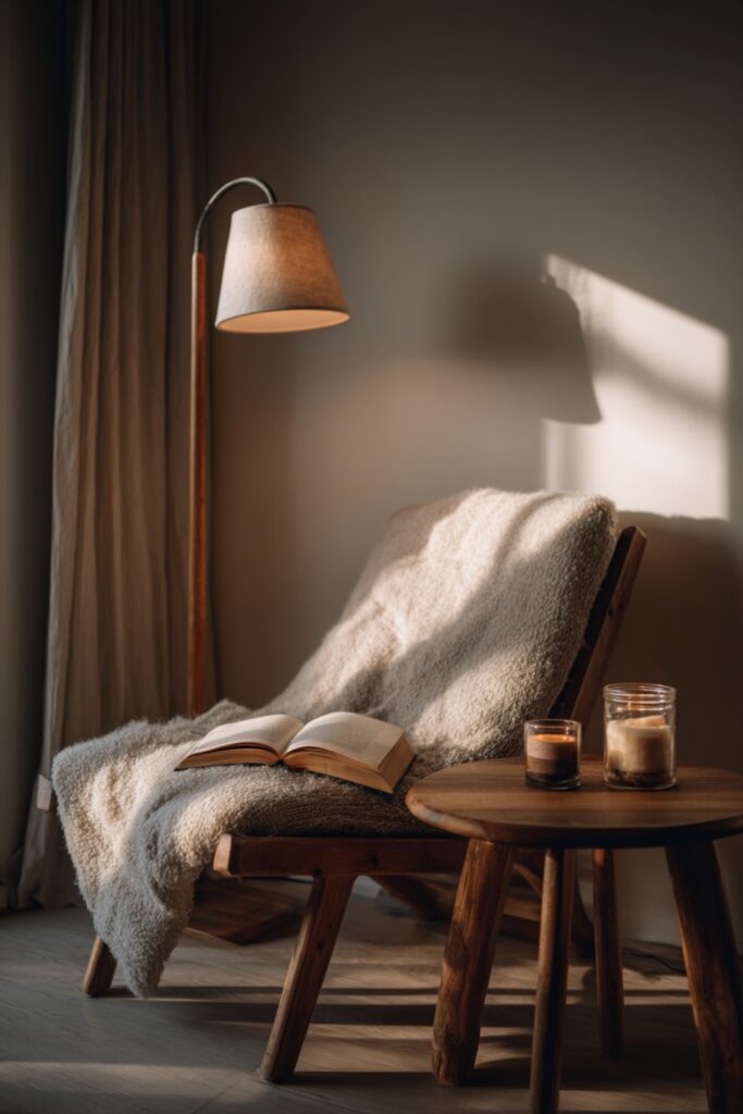 Calm Scandinavian reading corner with natural wood chair, textured wool blanket, warm fabric shade floor lamp and soft candle glow